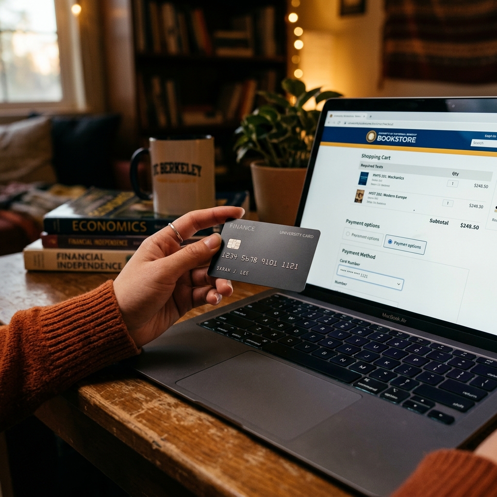 Person holding a credit card while using a laptop